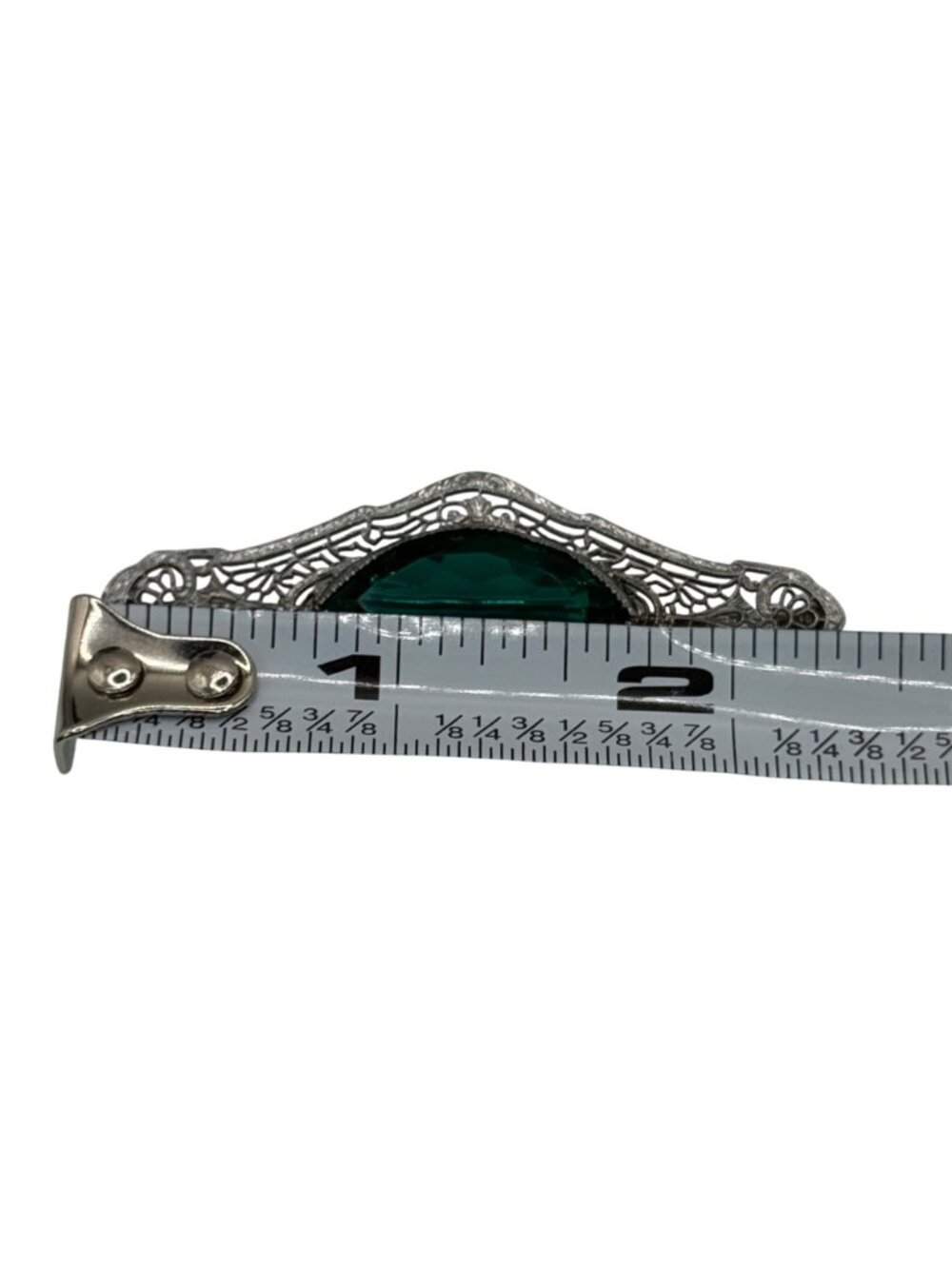 Antique 14k White Gold Filigree Brooch Emerald Green Glass Stone Art Deco 2.5" - Picture 5 of 11